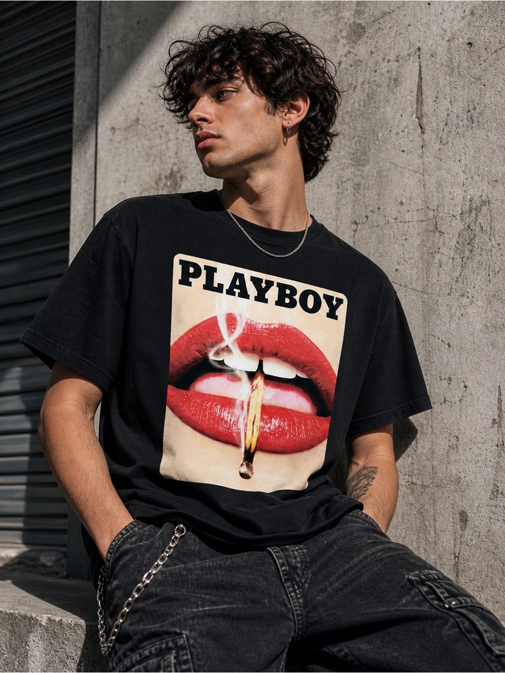 Playboy Lips Graphic Tee Black Large Streetwear NWOT